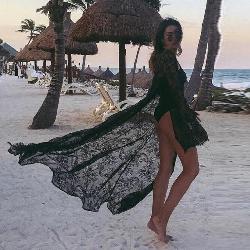 Women Lace Summer Beach Wear Long Sleeve Long Beach Cover Ups White Black M-L OM3378