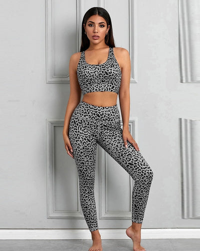 Leopard Print Women Seamless Yoga Set Fitness Sportswear for Women Gym Yoga Suit Sleeveless 2 Piece Yoga Workout Running Clothes