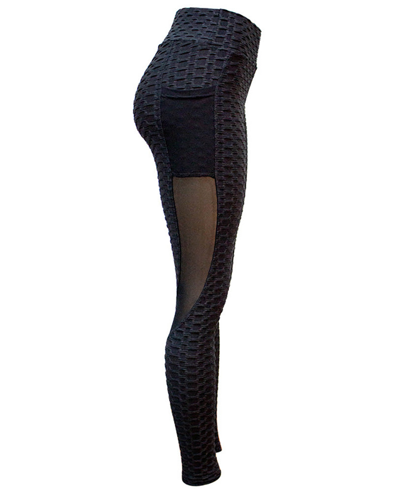 Ladies New Yoga Mesh Splicing Pocket Yoga Skinny High Waist Fitness Pants S-XXL