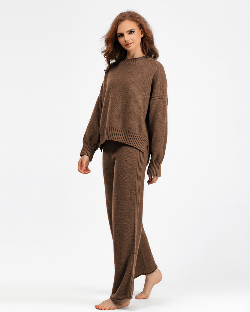 Autumn Winter New Long Sleeve Sweater Wide Leg Knit Pants Casual Wear Two Pieces Set One Size