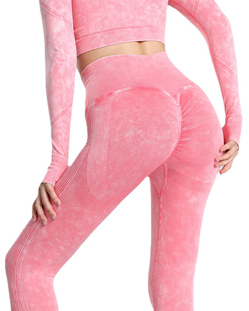 Women Long Sleeve Washing Cow Boy High Waist Sports Wear Yoga Two-piece Sets S-L Pants Sets