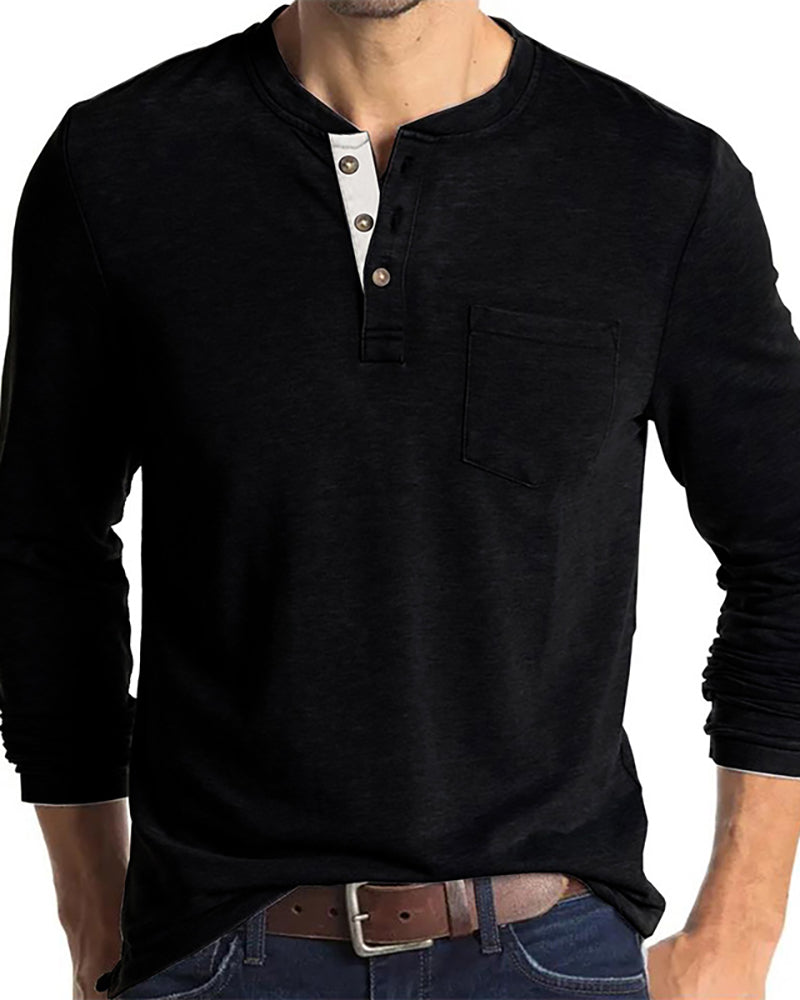 Mens Long Sleeve Button Neck Pocket Solid Color Basic Autumn T-shirt S-2XL