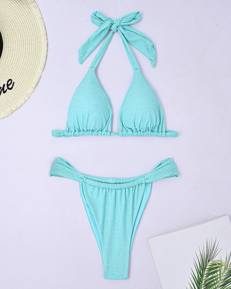 Halter Neck V Neck High Waist Two-piece Swimsuit Bikinis Blue Coffee S-XL