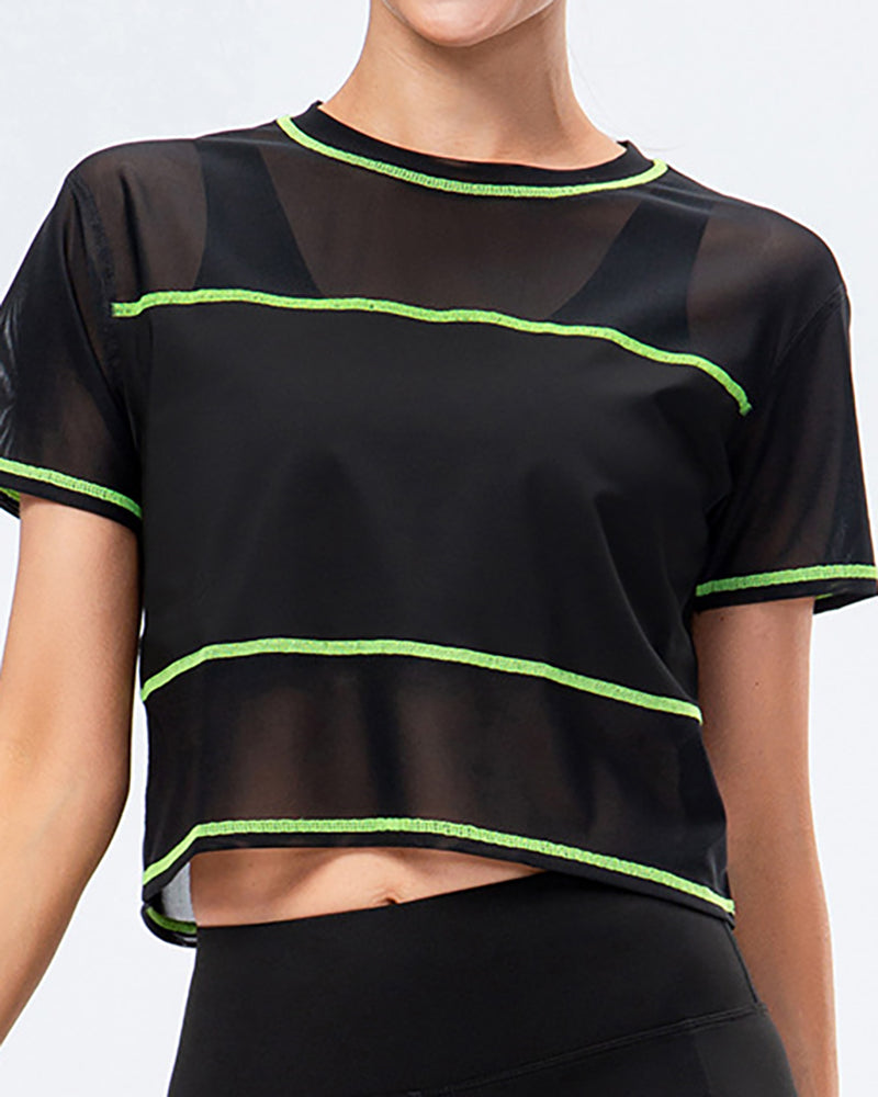 Women Loose Mesh Short Sleeve Stripe Sports Top Quick Dry Top Yoga T-Shirts Black Green Orange S-XL