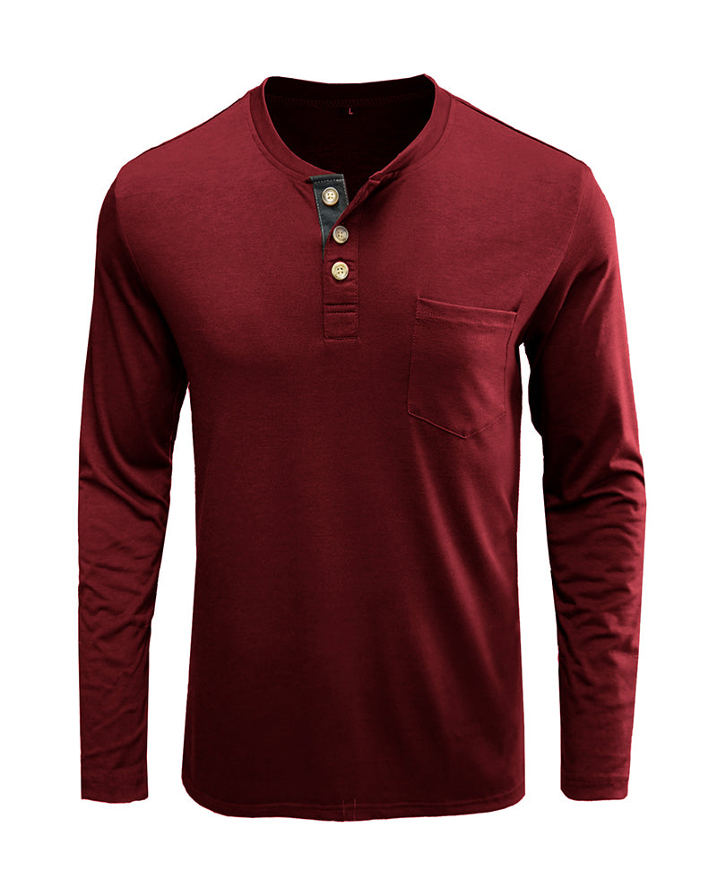 Mens Long Sleeve Button Neck Pocket Solid Color Basic Autumn T-shirt S-2XL