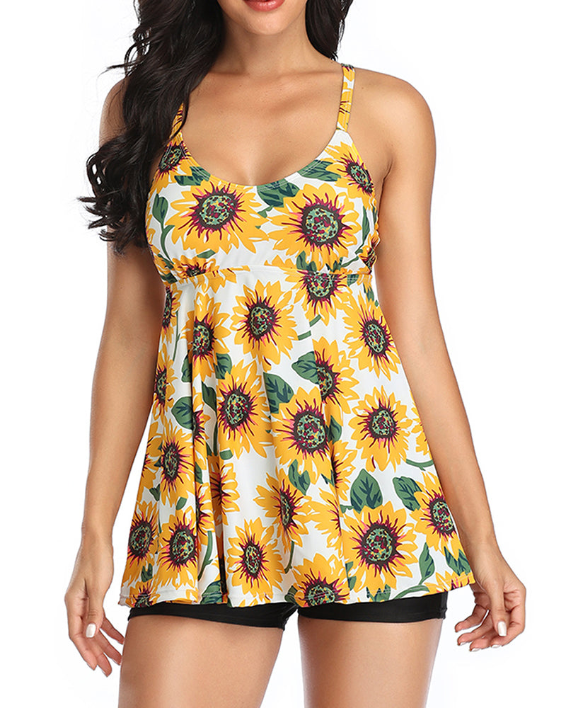 Women Summer Sunflower Printed Two-piece Swimsuit White Black S-3XL YY10190