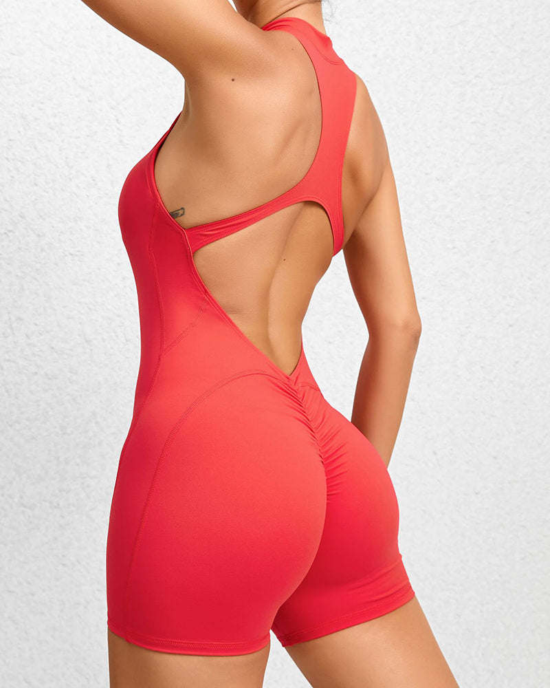 Popular Solid Color Sleeveless I-Back Zipper Front Sports Romper S-L