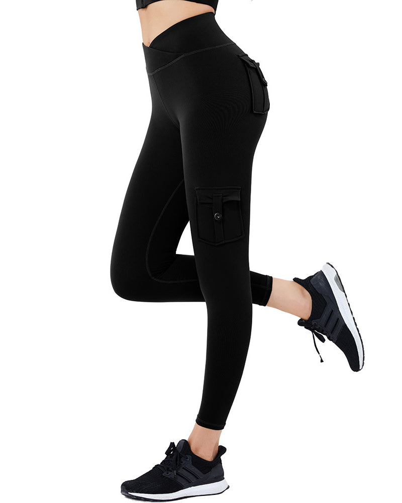 Ladies Fashion Pockets High Elasticity High Waist Buttocks Sexy Sports Fitness Yoga Pants Solid Color S-XL