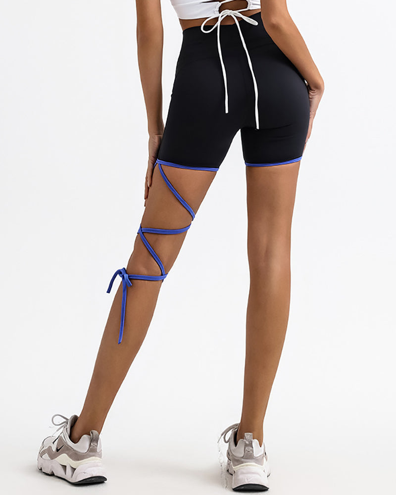 Yoga Strappy Leg Women Fitness Shorts Blue Brown Beige Black S-L