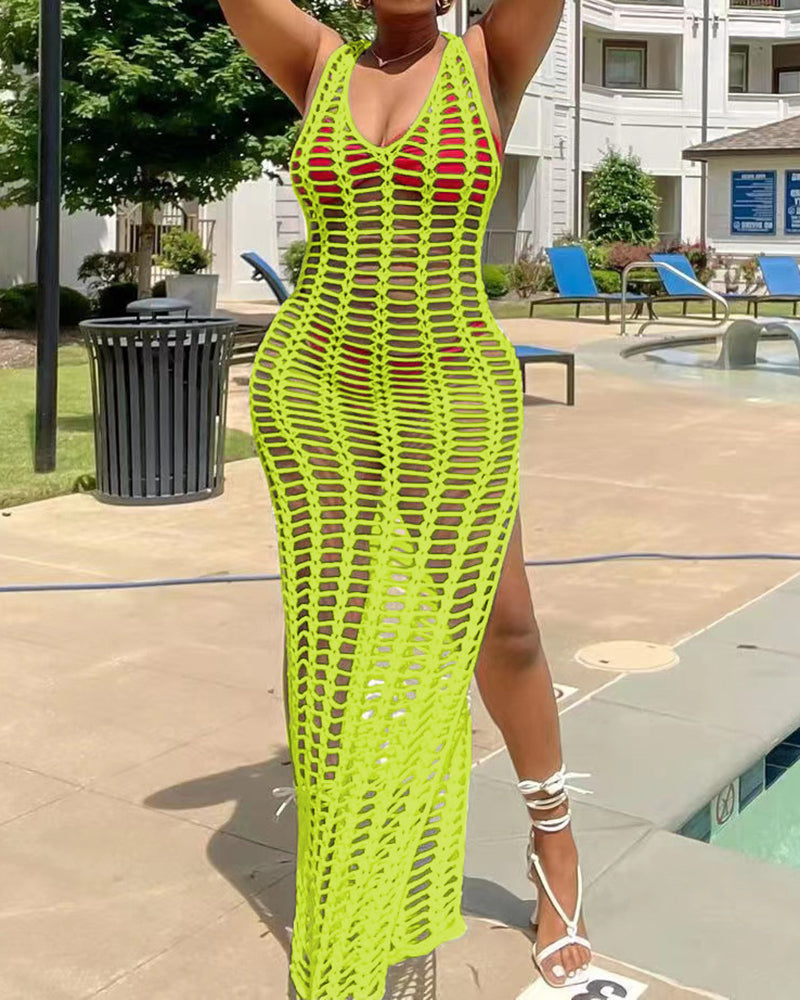 Women Knit Mesh Sleeveless V-neck Fashion Solid Color Beach Dresses White Black Red Green Blue Orange Army Green Light Apricot S-2XL