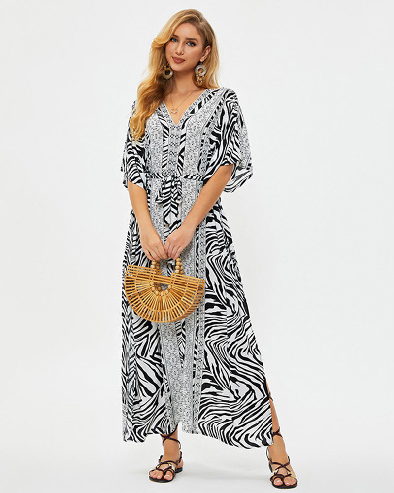 Women Printed Deep V Neck Vacation Holiday Dress Swimsuit Cover Up