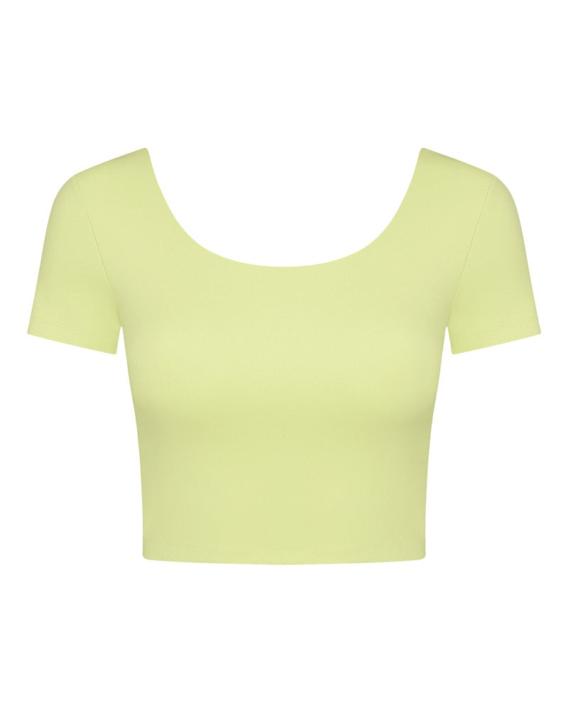 Women Back Ruched O-neck Short Sleeve Crop Top Sports T-shirt(with bra Pad) 4-12