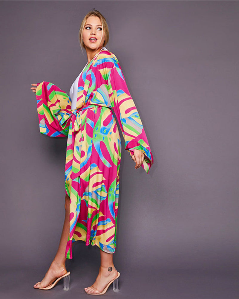 Fashion Printed Long Sleeve Vacation Loose Kimonos Beach Cover Ups One Size