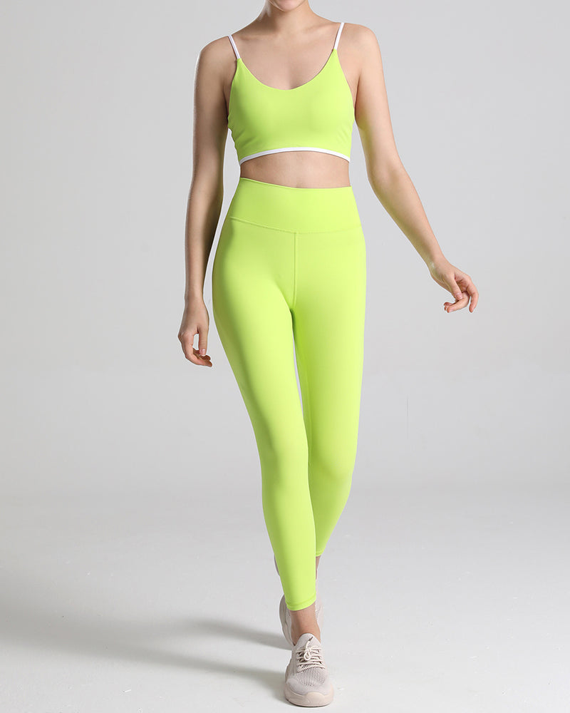 New Nude Feeling Yoga Suit Sports Underwear Women With Chest Pad Yoga Fitness Two-piece Set Green Yellow S-L Pants Sets