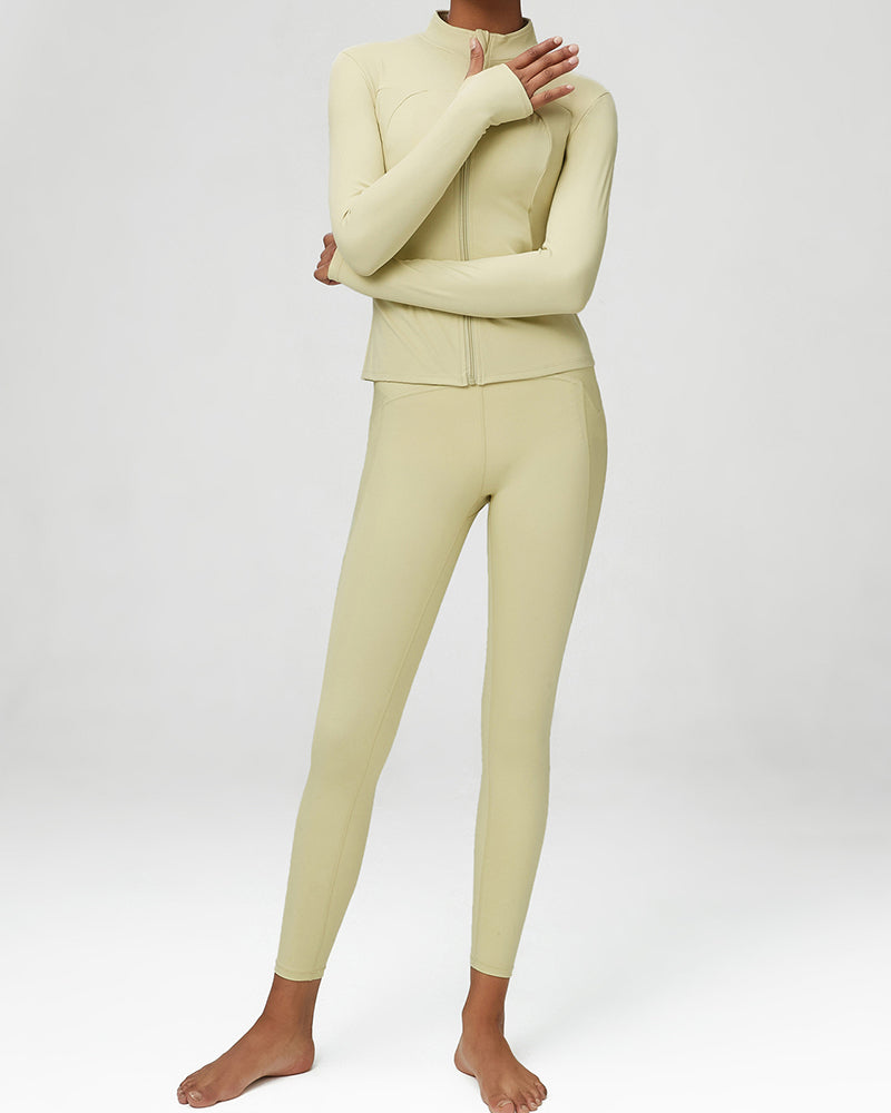 Women Long Sleeve Slim Coat Fashion Bra High Waist Pants Yoga Three Piece Sets S-XL