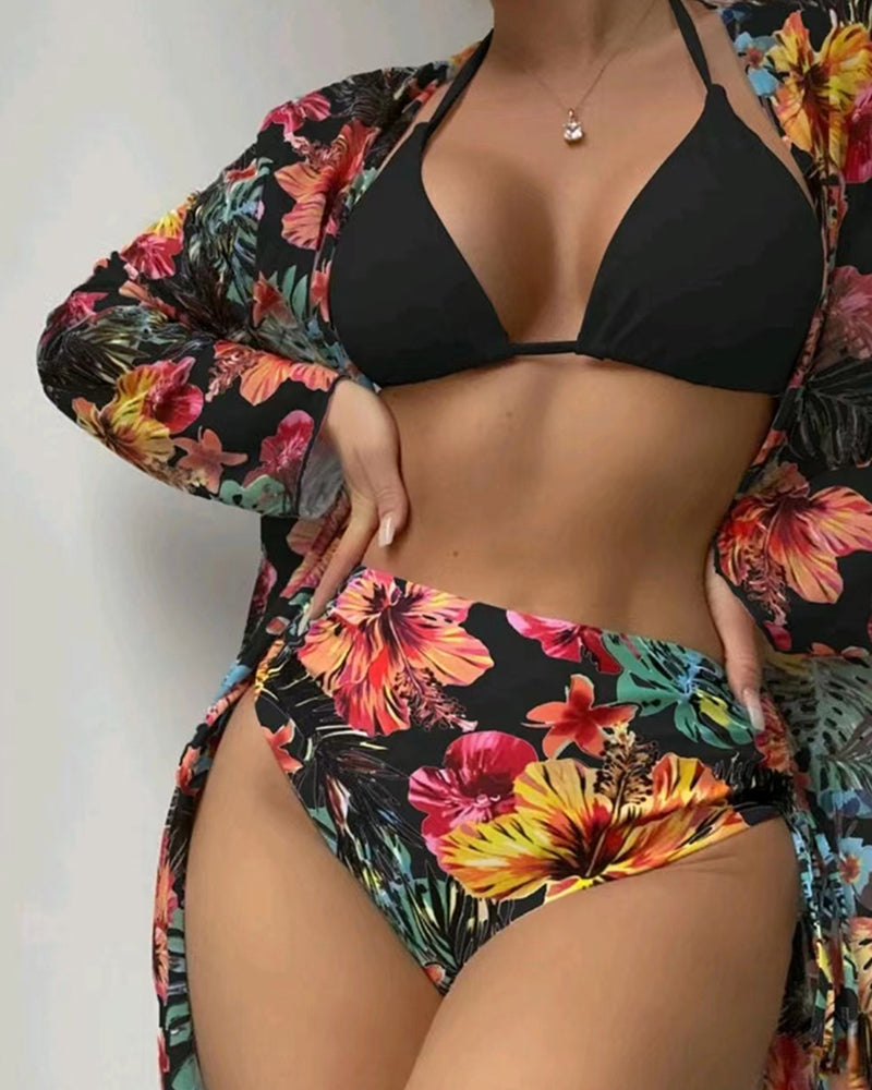 Floral Printed  Three  Piece Set Women Vacation Swimwear Set S-XL