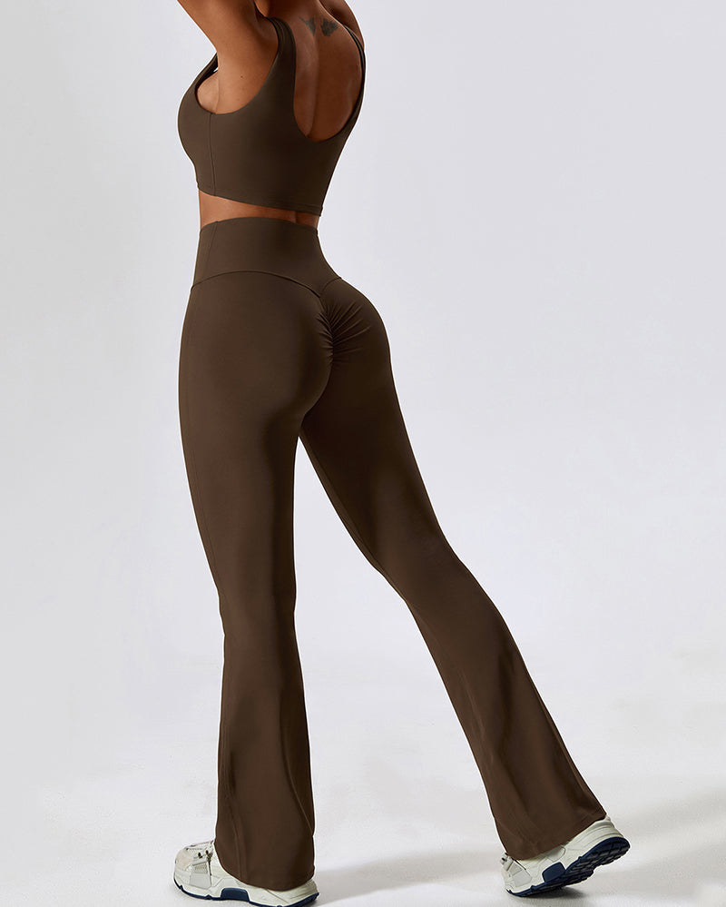 Women Autumn U Neck Bra High Waist Pants Sets Black Brown Green Khaki Apricot S-XL