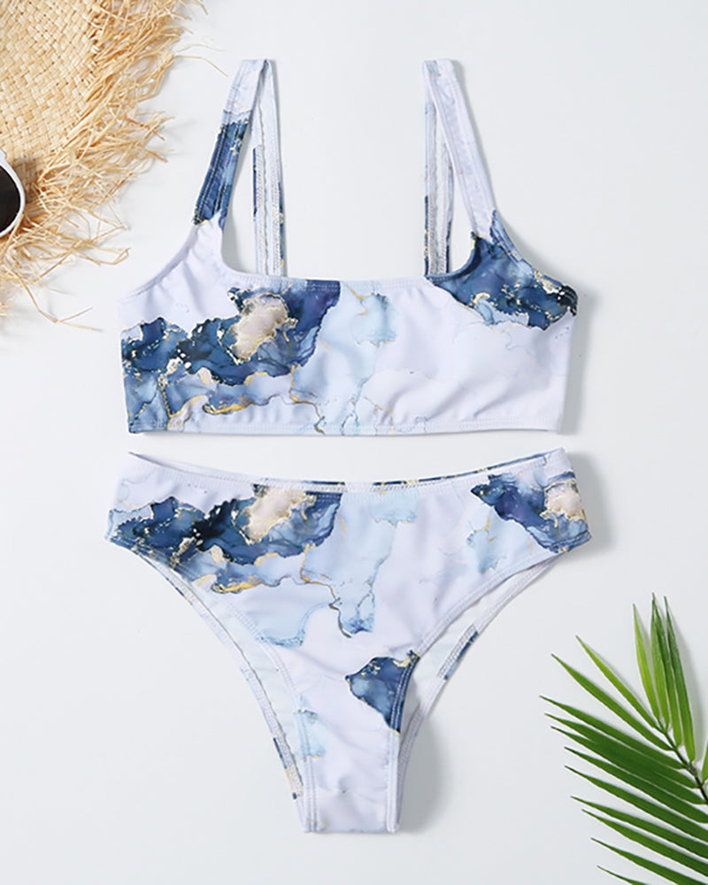 Lady Sexy High Waist Ink Paiting Two-piece Swimsuit S-L