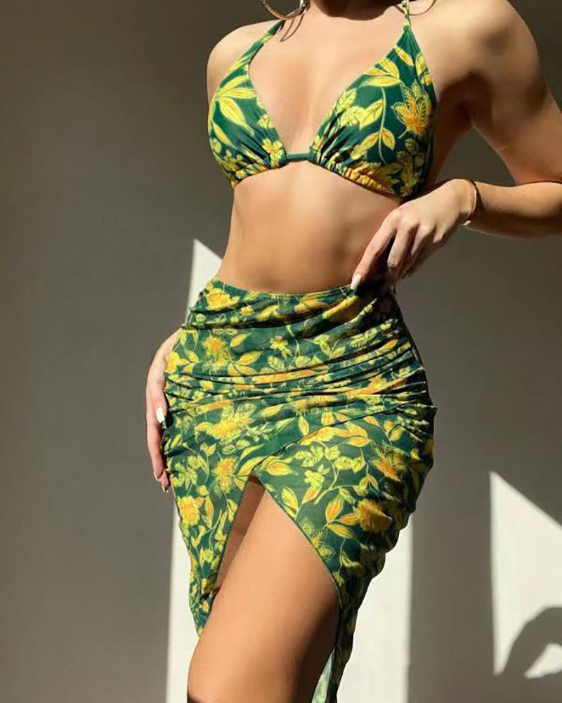 Leaf Printed Women New Beach 3 Piece Set Swimwear