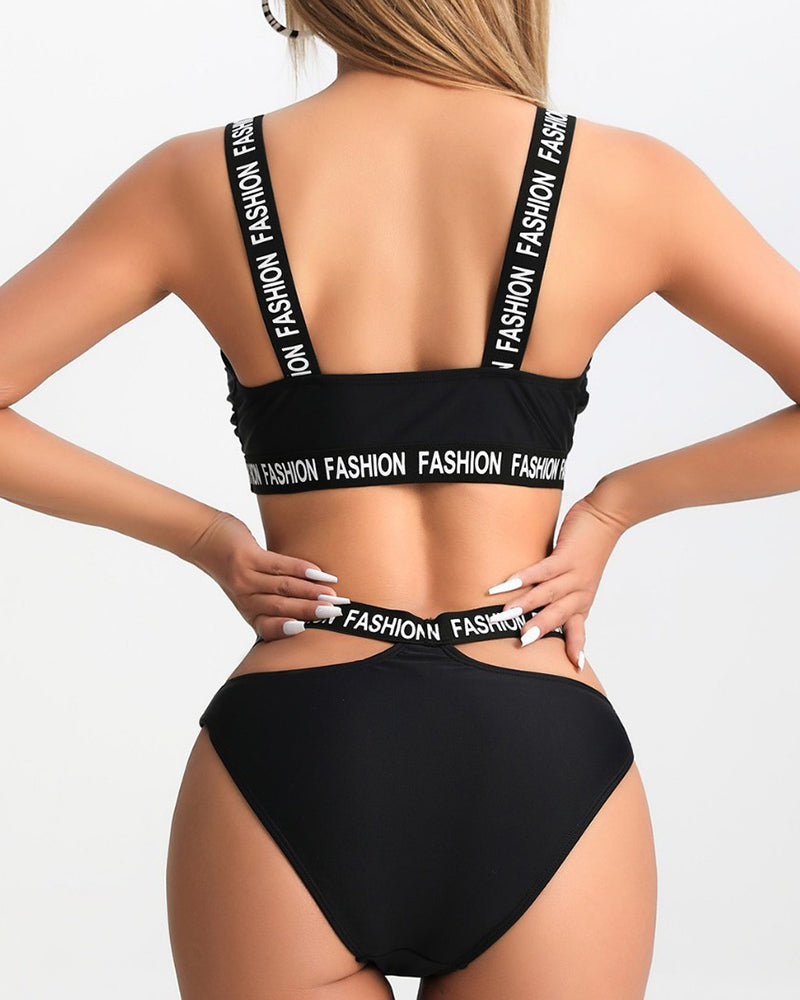 Black Letter Printed Women Bikini Set S-XL