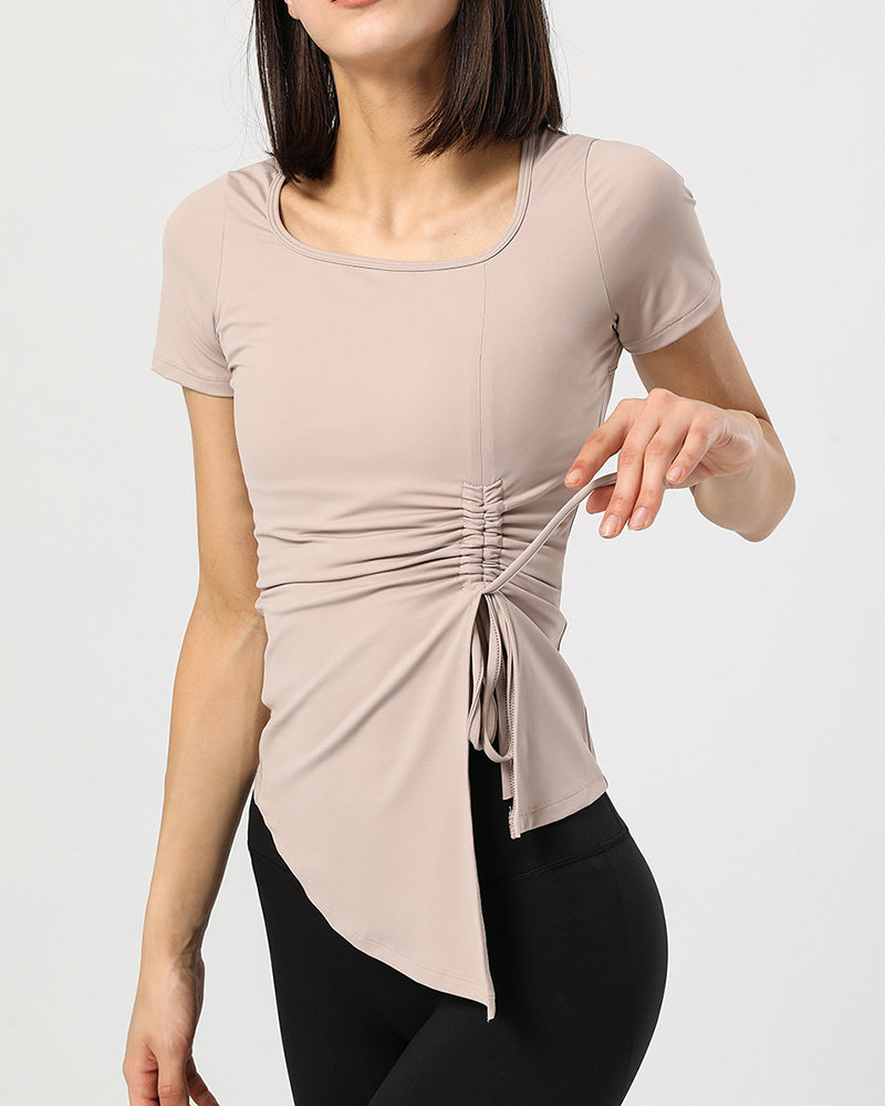 New Women Short Sleeve Square Neck Side Drawstring T-shirts Beige Gray Khaki Blue Orange S-XL