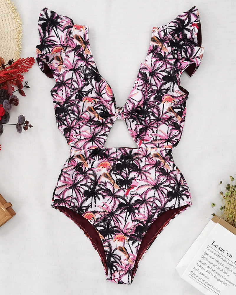 Sexy Swimwear Flounces Printed One-piece Swimsuit