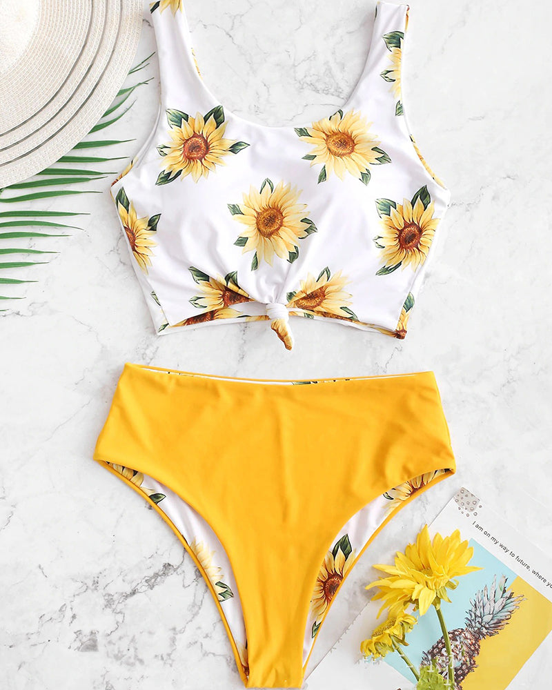 Women Florals Printed Sexy Cute Two-piece Swimsuit Yellow Green S-XL