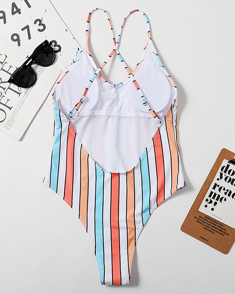 Woman Stylish Multicolor Stripe High Cut One-piece Swimsuit Green Purple Orange S-XL YY10019