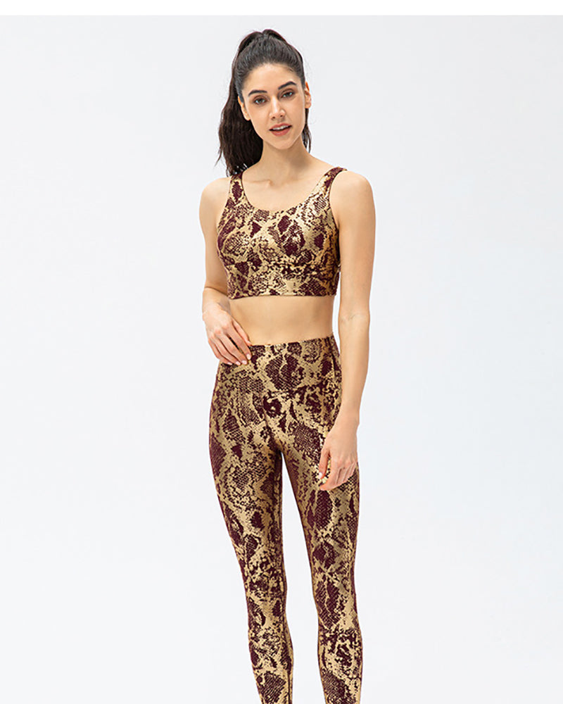 Women Snake Printed U Neck Bra Slim Tights Yoga Two-piece Sets Black White Deep Blue Brown S-2XL Pants sets