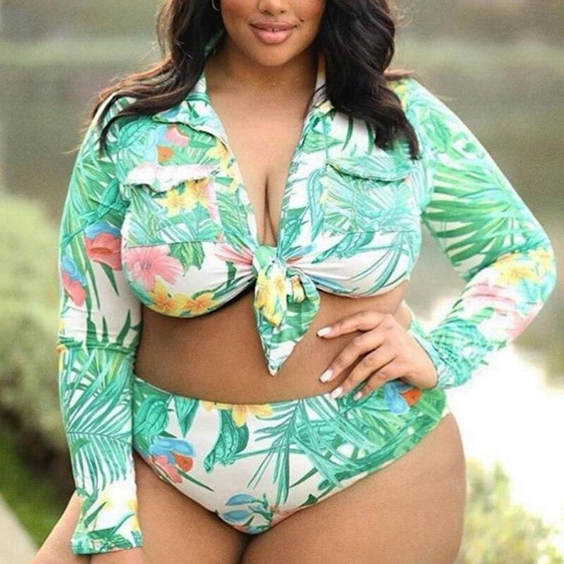 Plus Size Bikini Set 2021 Green Print High Waist Swimwear Women Long Sleeve Two Piece Swimsuit African Bathing Suit 5XL Biquini OM22474