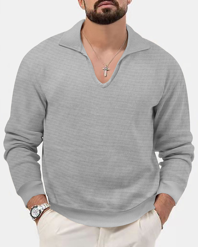 Autumn Men Solid Color Lapel V-neck Long Sleeve Waffle T-shirt Knitwear White Black Army Green Khaki Blue Apricot Gray S-3XL