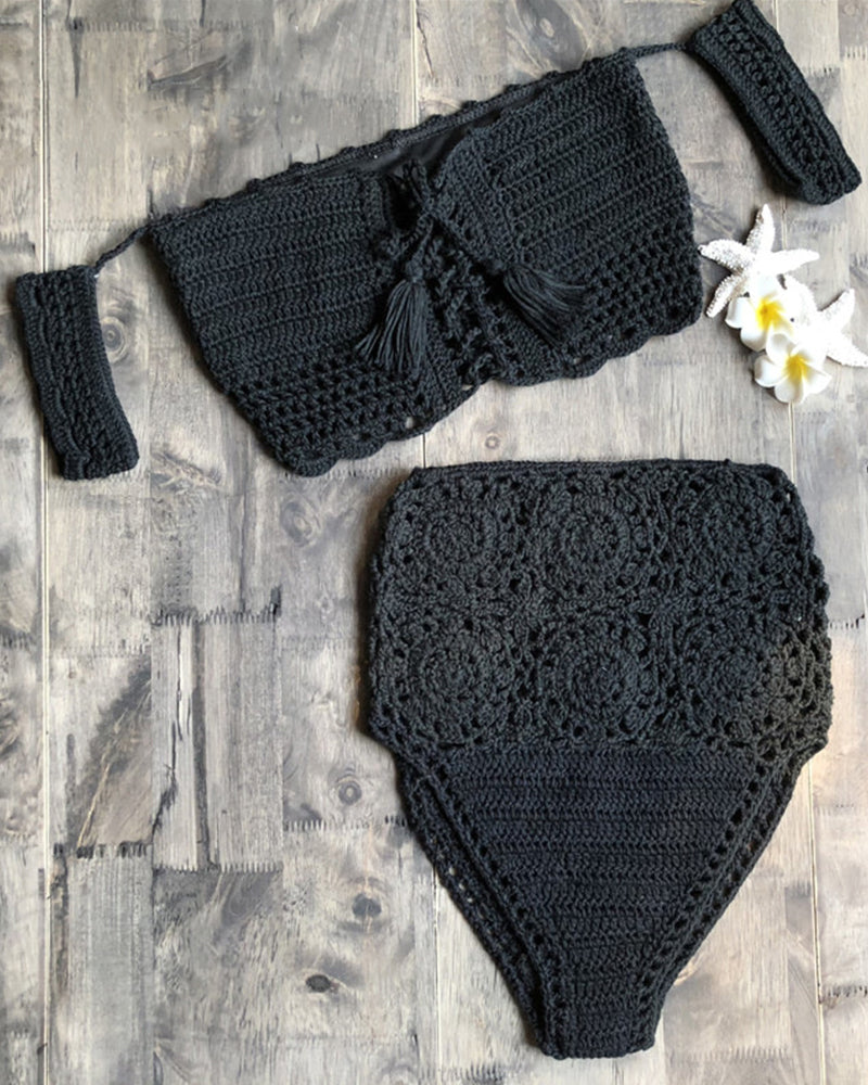 Crochet High Leg Bandeau Bikini Set Swimwear Female Two Pieces Swimsuit High Waist Bikini Women Bathing Suit Biquini 2019 New OM25940