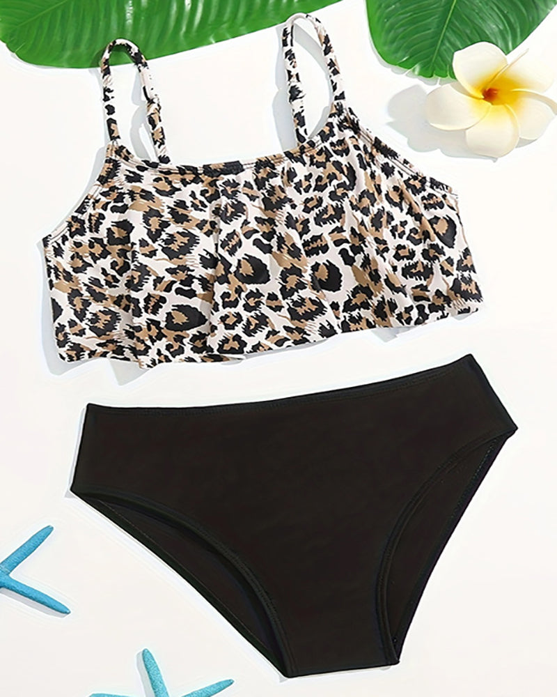 Ruffles Leopard Sling Top High Waist BottomTwo-piece Swimsuit Kid Swimwear Black 140-170
