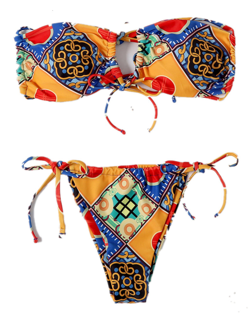 Sexy Women Pattern Print Tie Side String Two-piece Swimsuit Bikini Yellow Red Blue Green Light Yellow S-L YY10021