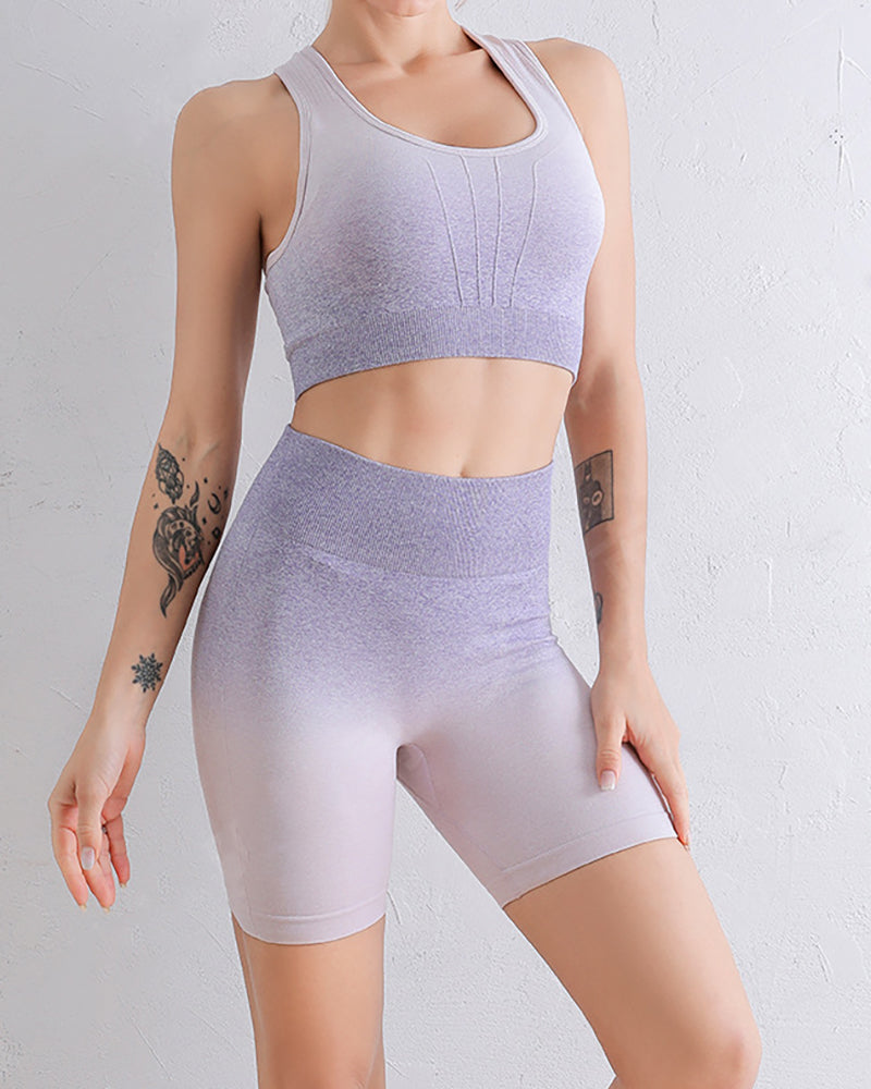 New Yoga Outfit Set Gradient Tie Dye Seamless Knit Yoga Two-piece S-L Shorts Sets