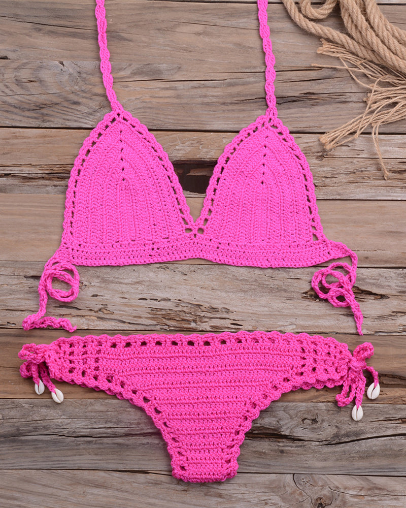 Solid Crochet Bikini Top Summer Shell Sexy Swimsuit Handmade Women Swimwear Suit Boho Beach Wear Knitted Thong Short Bottom OM25963