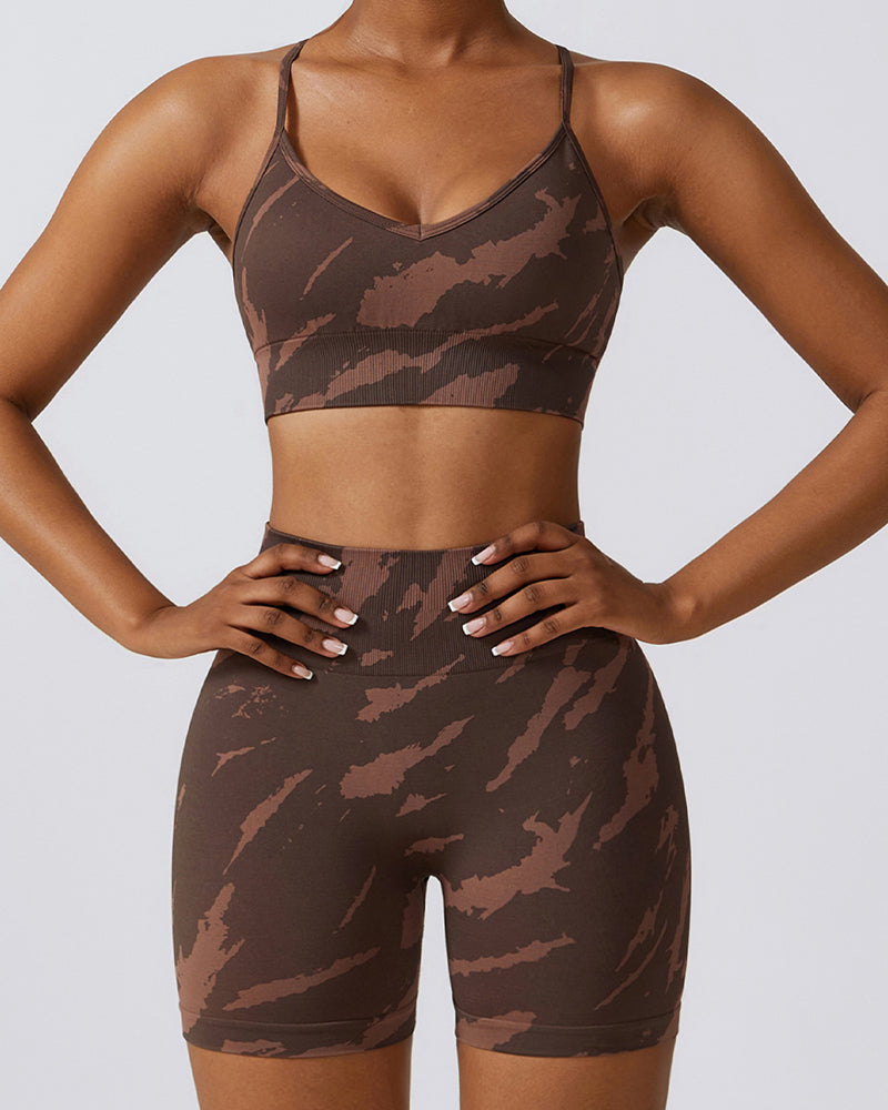 Camo Printing Seamless Yoga Quick Dry High Waist Shorts Sets Running Fitness Yoga Two-piece Sets S-L