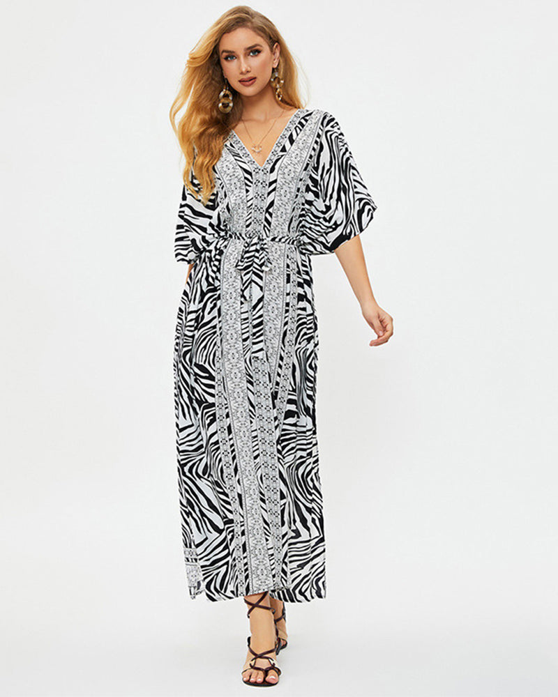 Women Printed Deep V Neck Vacation Holiday Dress Swimsuit Cover Up