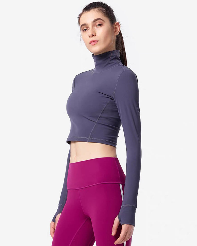 High Neck Long Sleeve Fashion Back Hole Sport Crop Top With Pad S-L