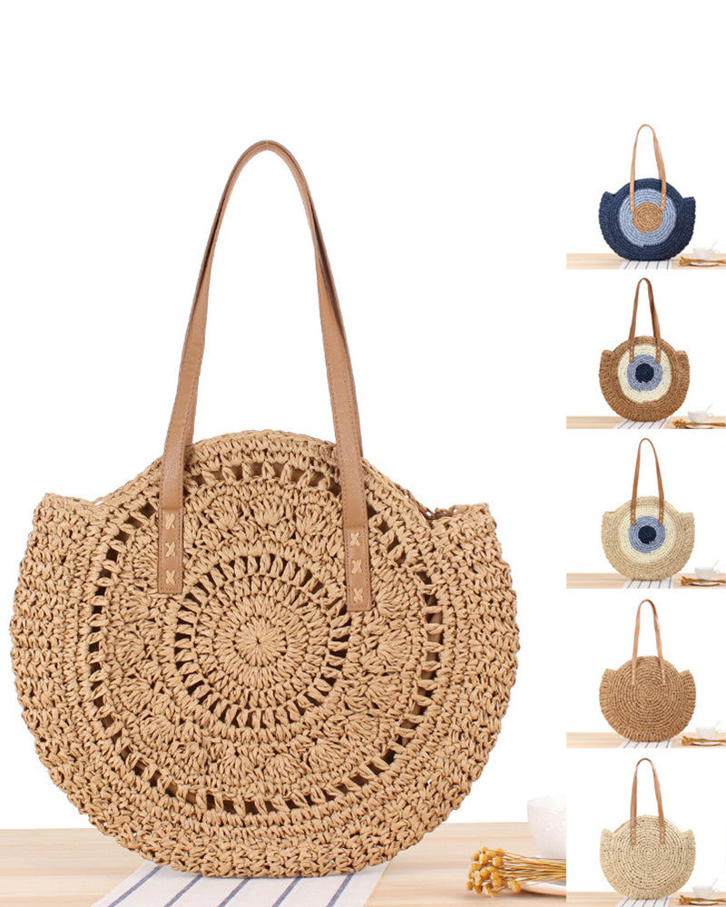 Round Straw Beach Bag Vintage Handmade Woven Shoulder Bag Raffia circle Rattan bags Bohemian Summer Vacation Casual Bags