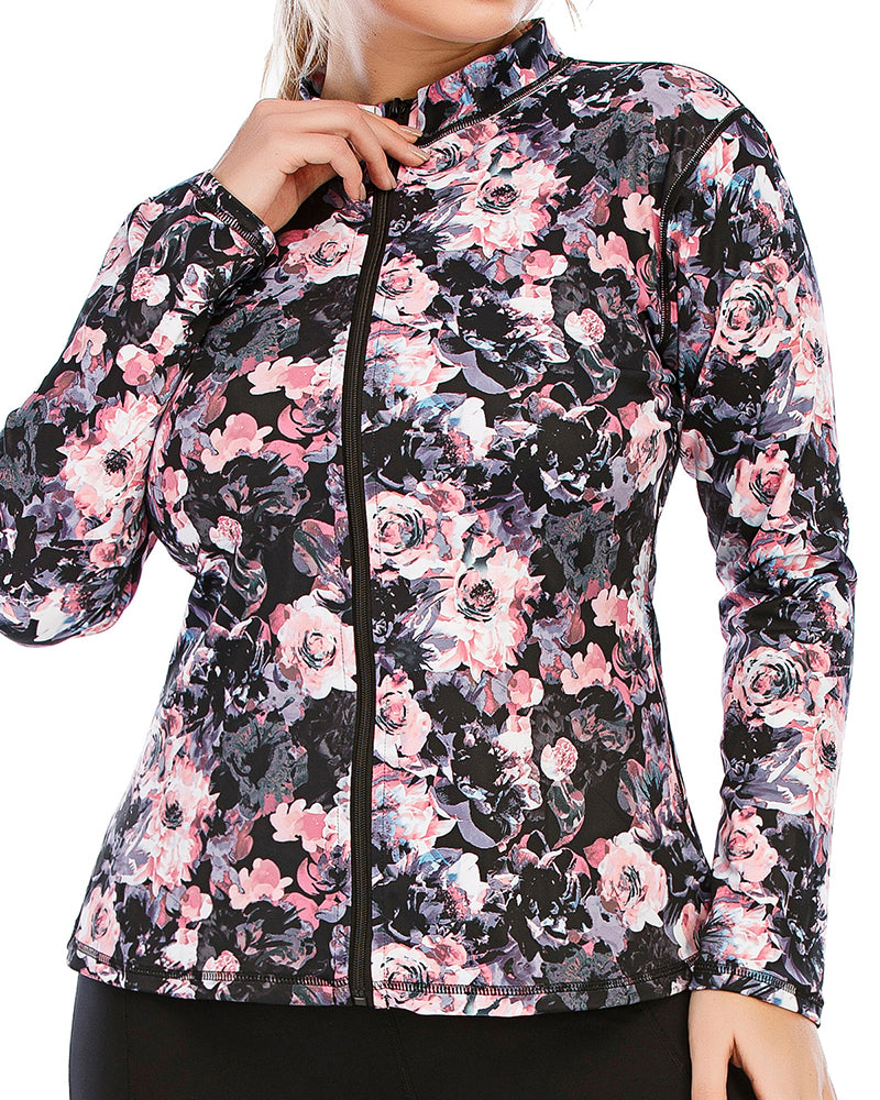 Women Flower Printed Long Sleeve Coat Slim Patchwork Leggings Plus Size Yoga Sets L-3XL