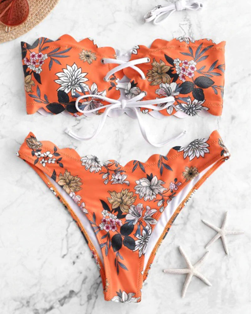 New Summer Florals Sleeveless Women bikini Two-piece Swimsuit Orange White Green S-L