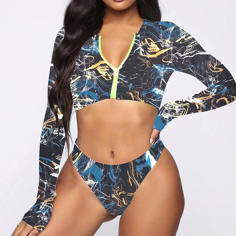 Plus Size Tie Dye Swimwear Women 2021 Sexy Zipper Bikini Set Long Sleeve Two Piece Swimsuit African Bathing Suit Brazilian S-5XL