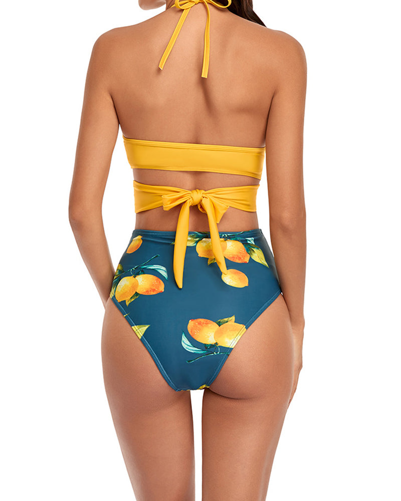 Sexy Floral Bikini Cross Bandage Split Swimsuit Tie Up High Waist Swimsuit YY10176