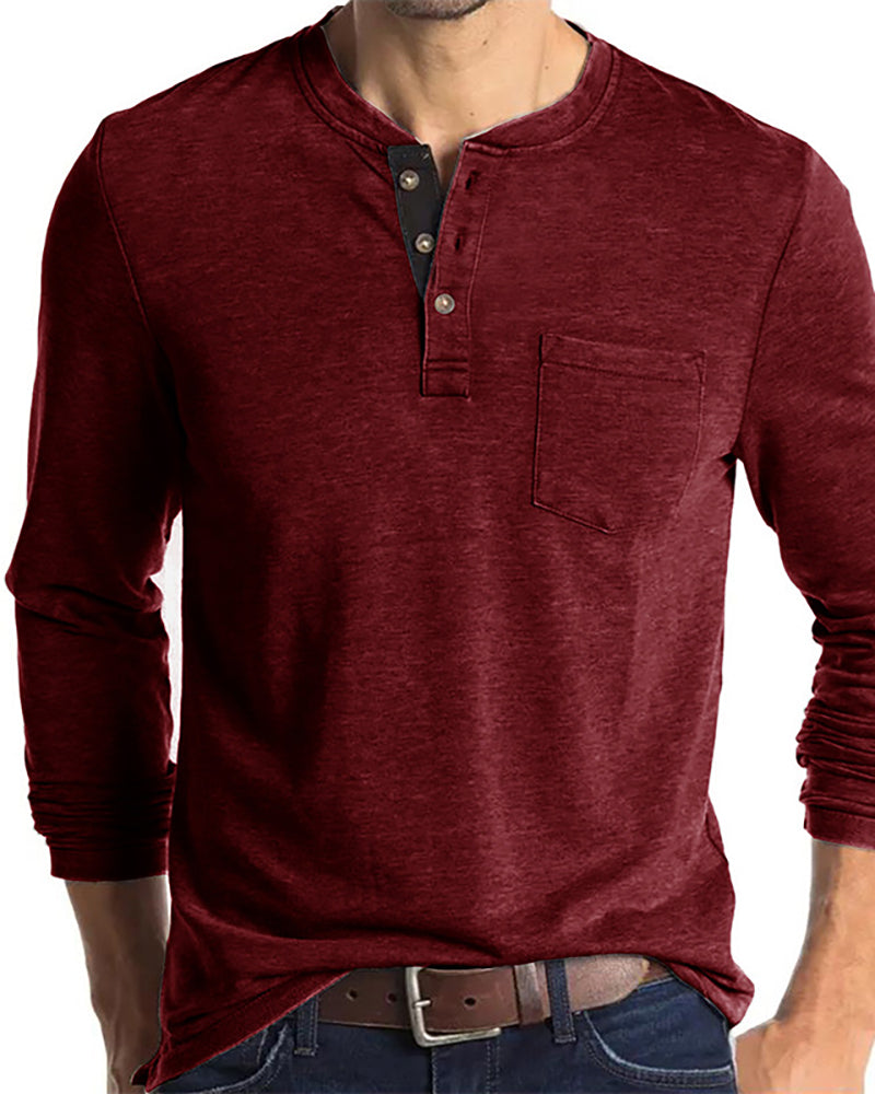 Mens Long Sleeve Button Neck Pocket Solid Color Basic Autumn T-shirt S-2XL