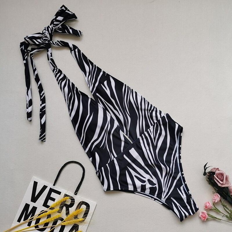 Women Sexy Swimsuit Classic Animal Print Lace-up Halter Sling Bodysuit Backless Swimming One-Piece Suit Swimwear Beachwear 2021 OM22483