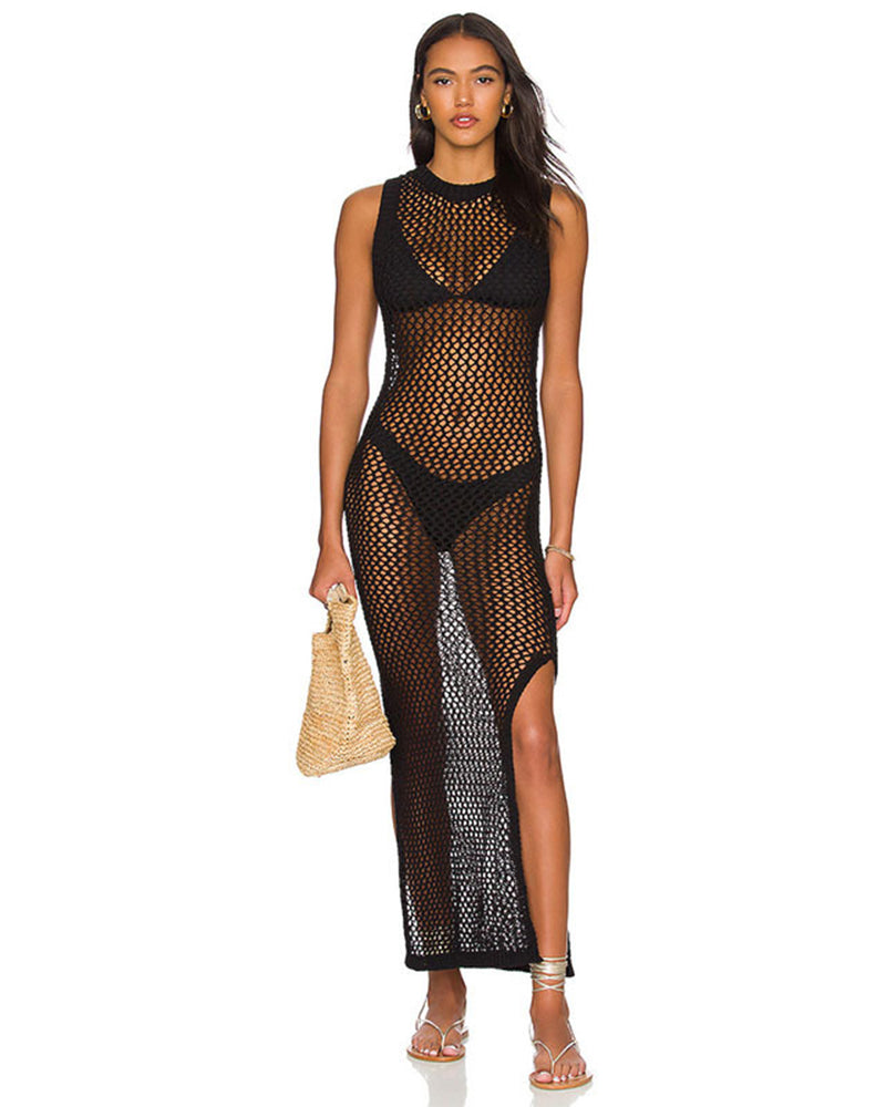 Women Sleeveless Mesh Maxi Sexy Bikini Crochet Stitches Dress White Apricot Black One Size