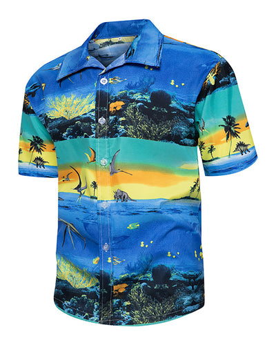 Vacation Summer Men's Lapel Casual Printed Cardigan Short Sleeve Top Shirt S-5XL