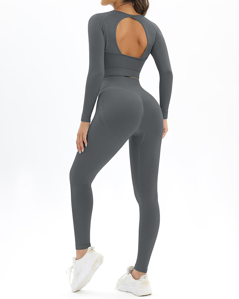 Long Sleeve Solid Color Backless Yoga Two-piece Set S-L Pants Sets