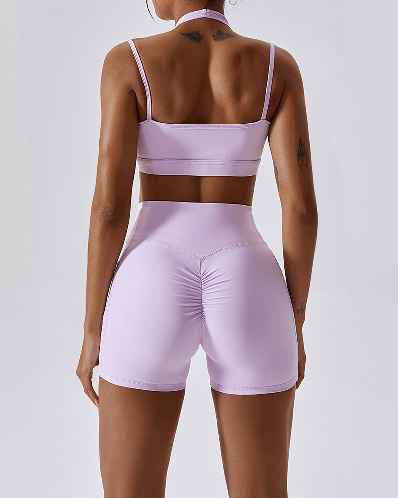 Deep V Neckline Halter Straps Thin Strap Cross Cross Waist No Embarrassing Lines Side Patch Pockets Yoga Two Piece Sets 8-14 Shorts Sets Pants Sets